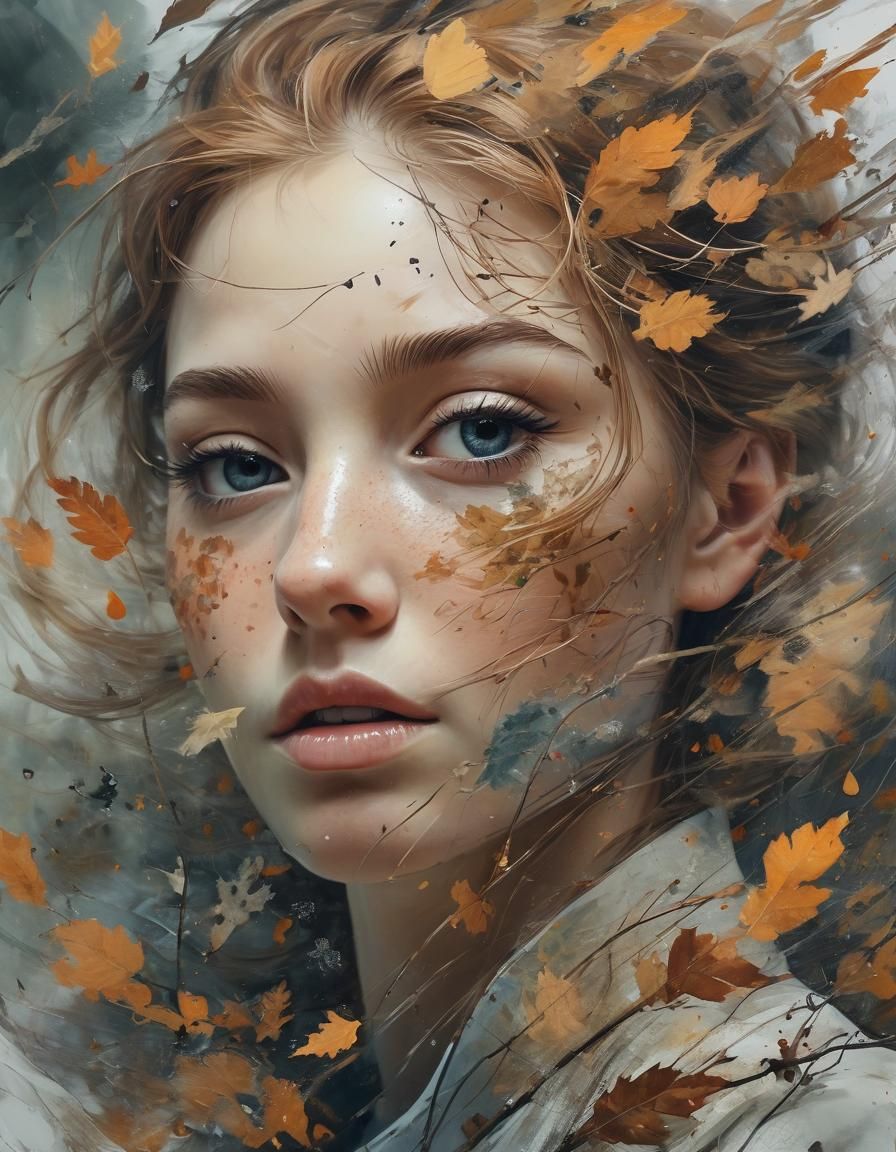 Detailed Double Exposure Painting of Autumn Wind