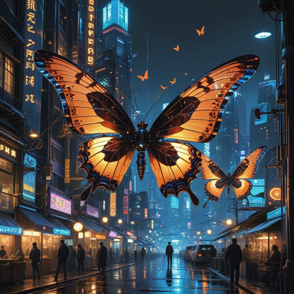 Mechanical Butterflies in Neon Cityscape: Steampunk Art