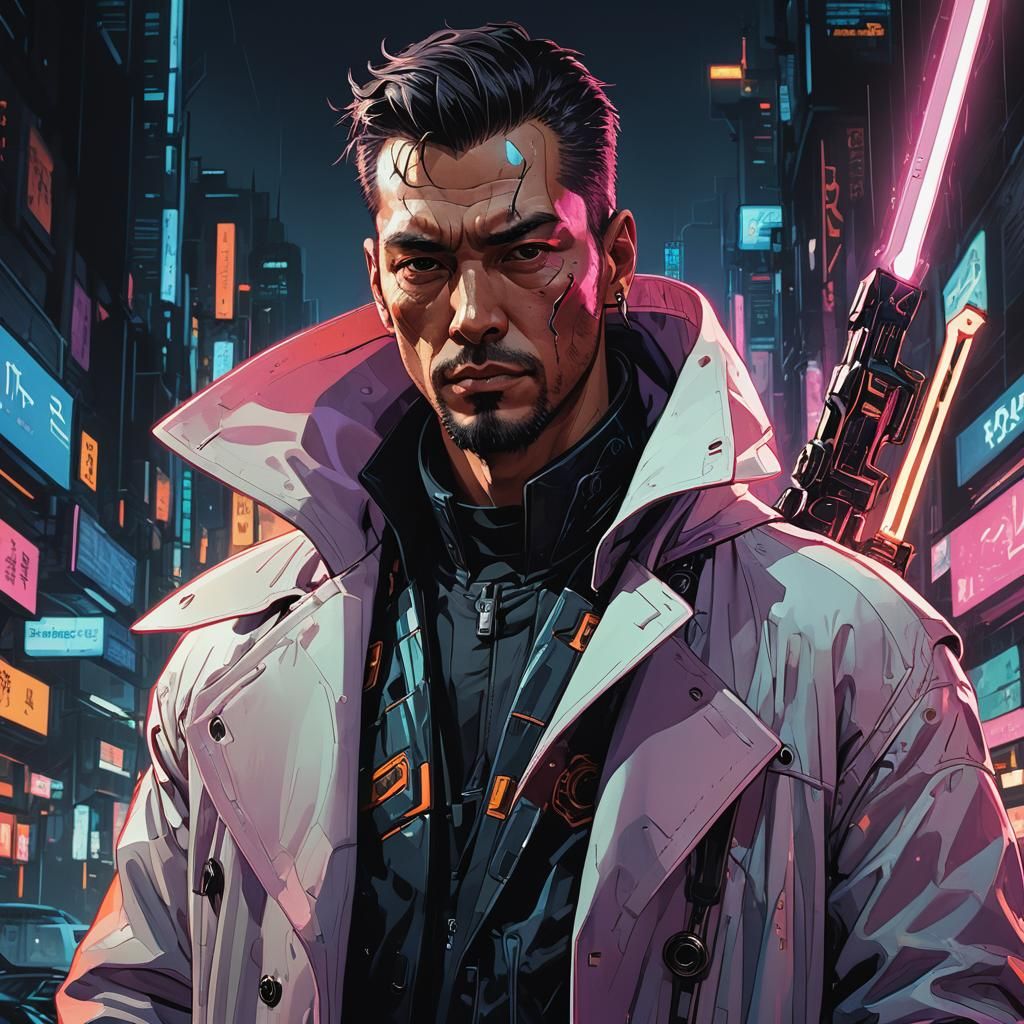 Cyberpunk Swordsman Portrait in Neon Cityscape