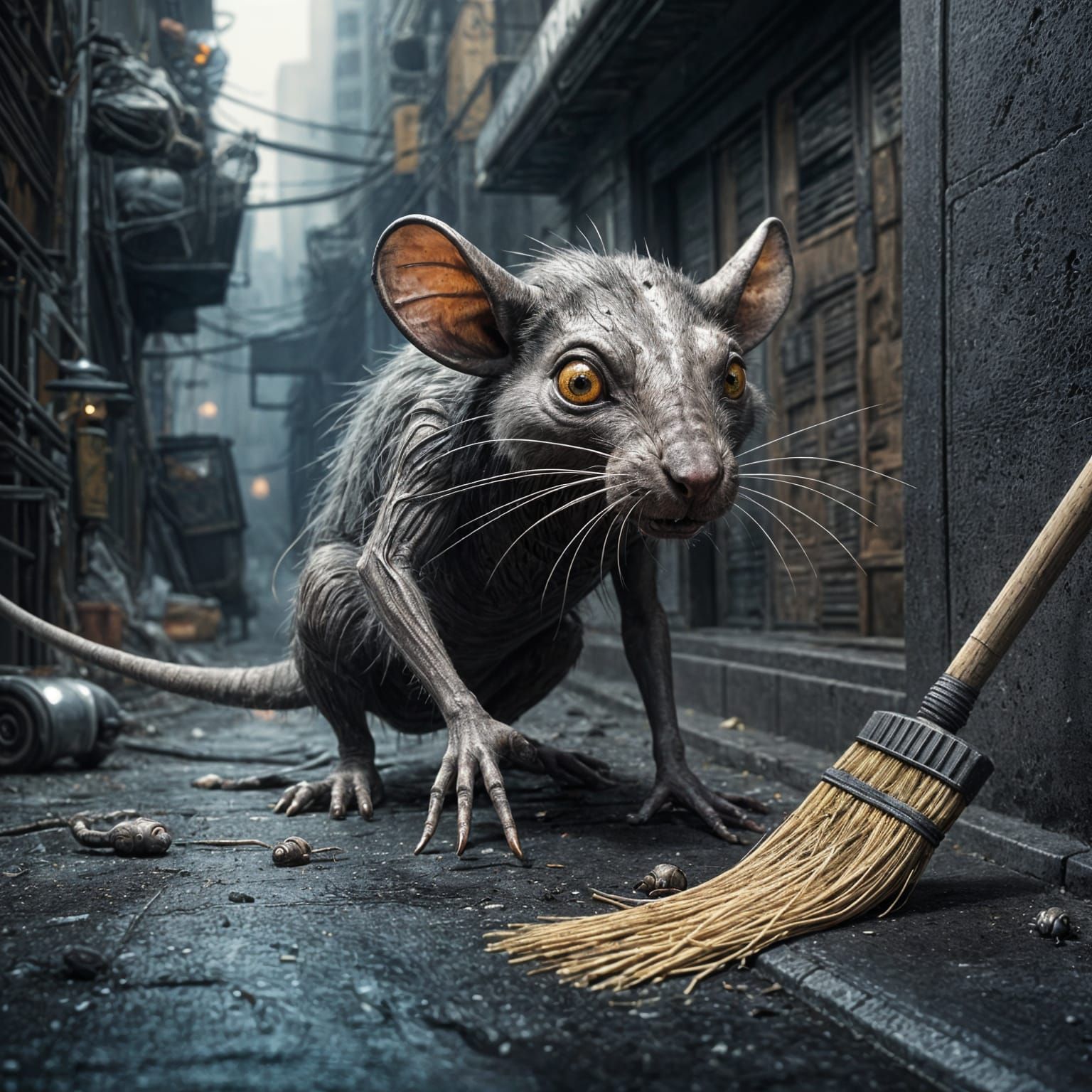 Cyberpunk Alien Broom Sweepers in Futuristic Alleyway