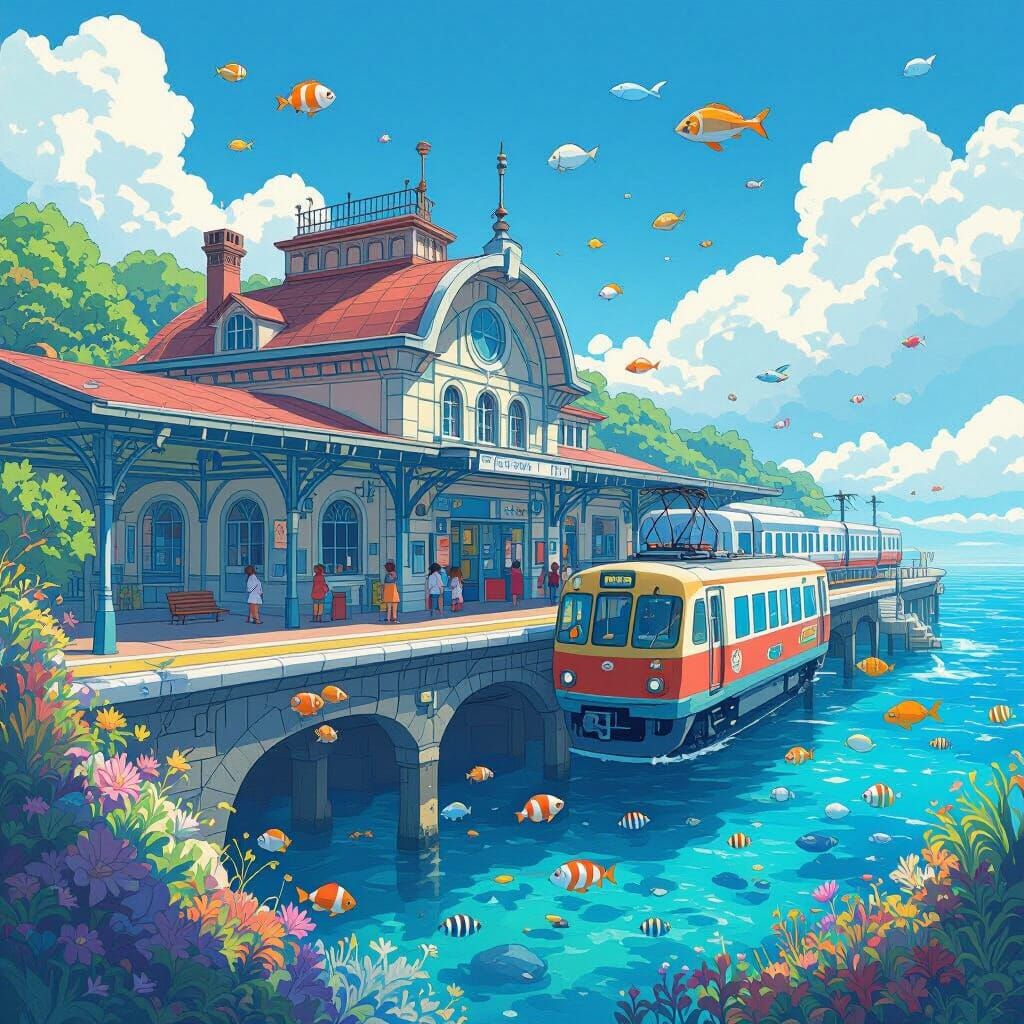 Whimsical Seaside Train Station in Fairy Tale Style