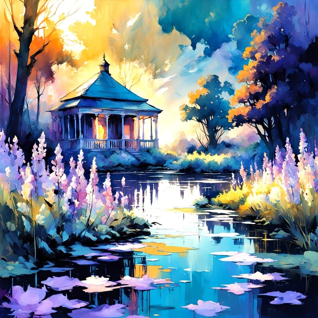 Moonlit English Garden in Vibrant Colors and Whimsical Light...