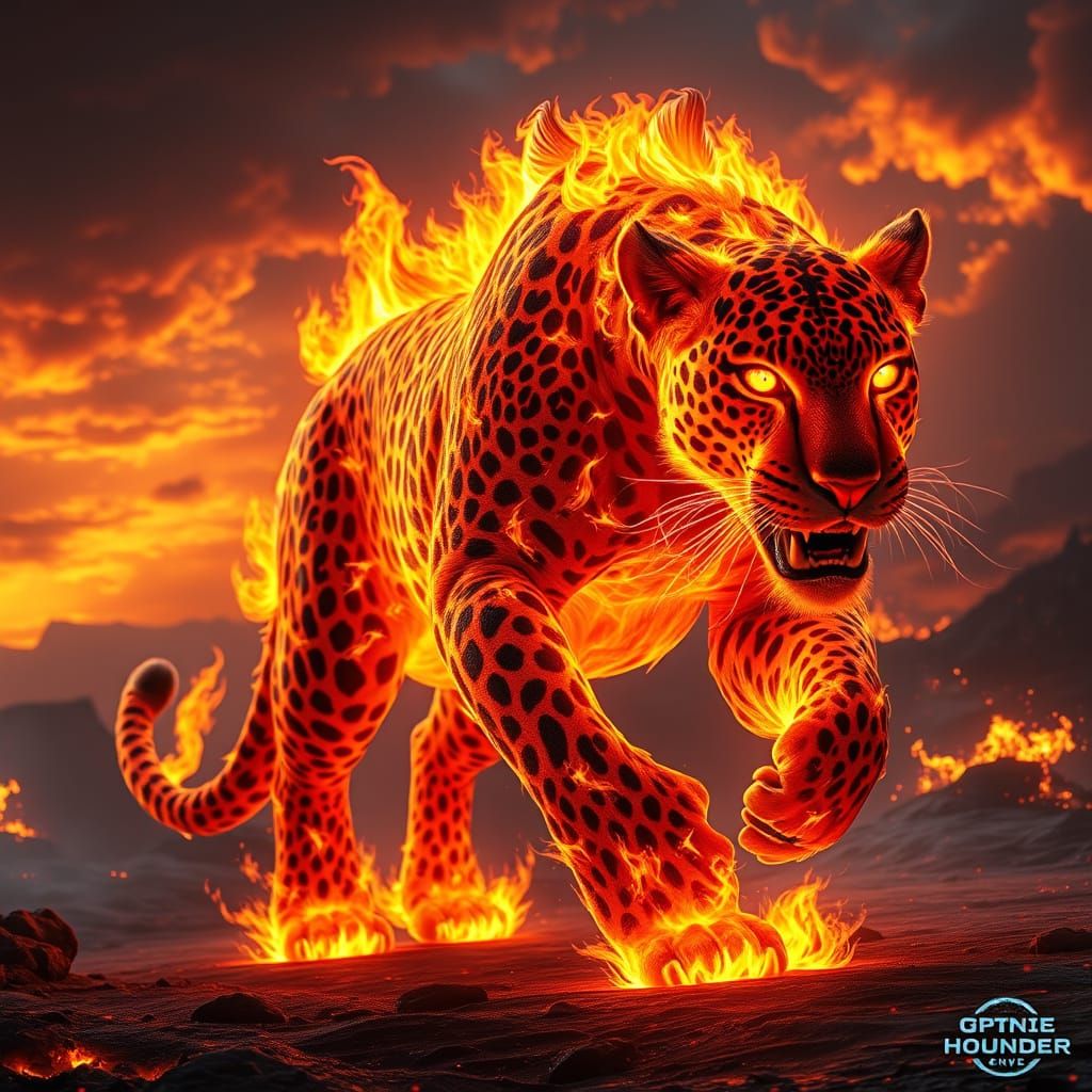 Mystical Jaguar Strides Through a Blazing Landscape