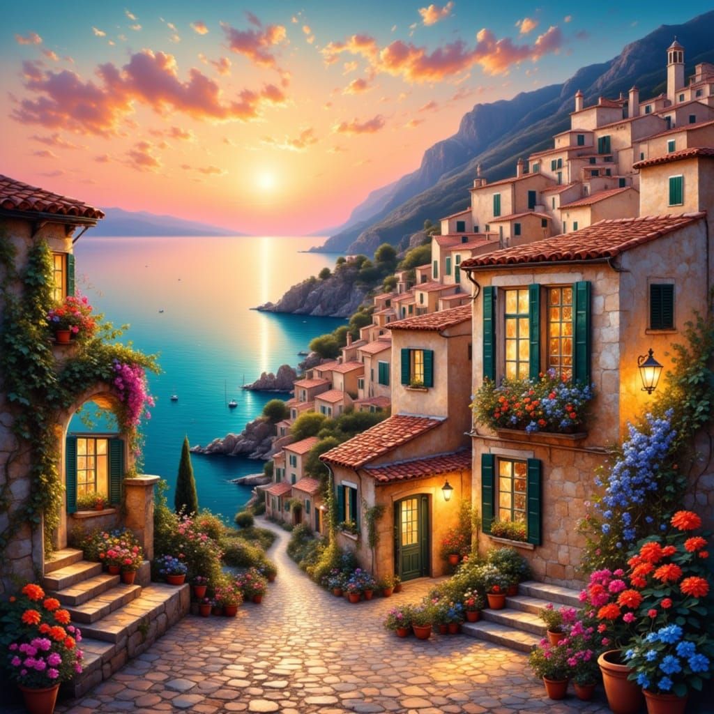 Idyllic Mediterranean Village at Dusk, in the Style of Ivan ...