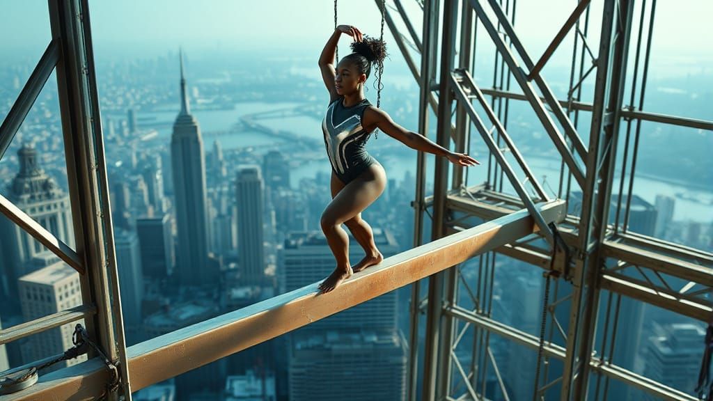 Gymnast Performs on Beam Above New York City