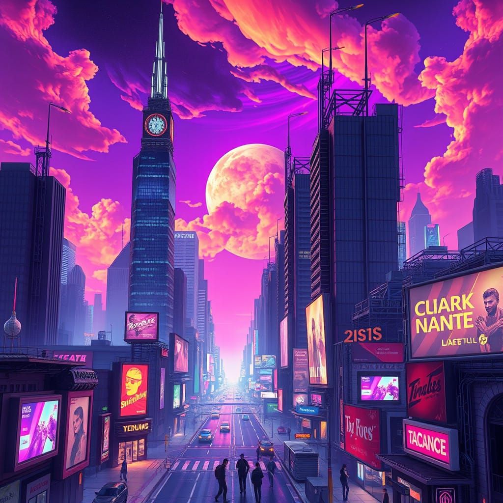 Surreal Futuristic Cityscape in Neon-Lit Dystopian Style