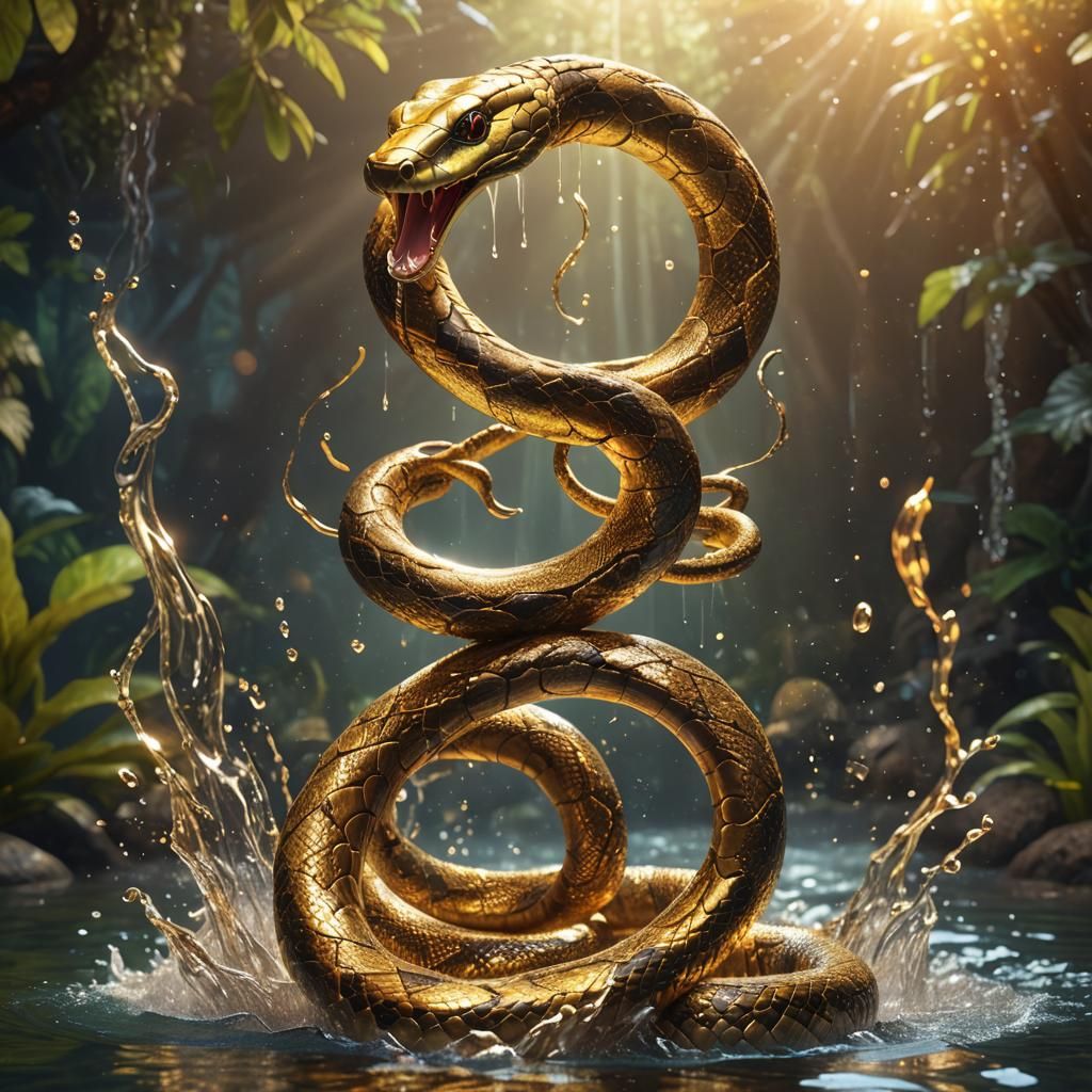 Golden Snake Leaps from Magical Water: 3D Render