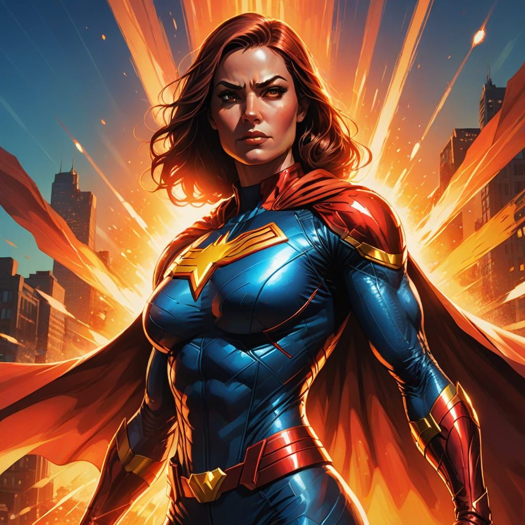 Dynamic Superheroine in Comic Book Style