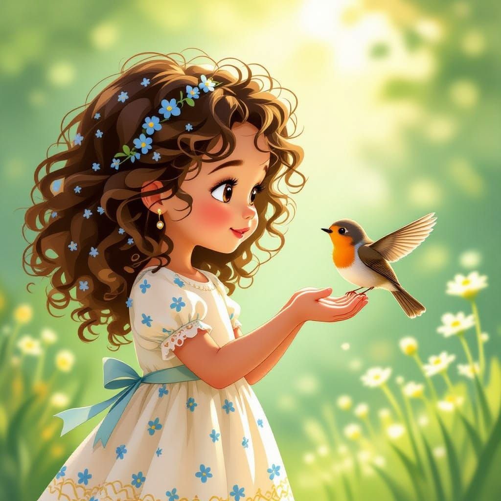 Girl and Robin in Whimsical Storybook Style
