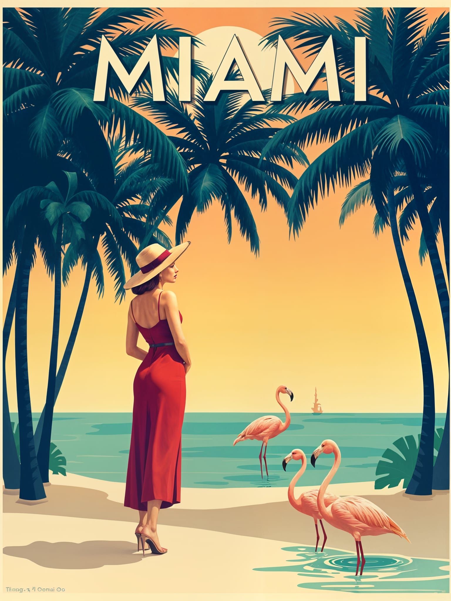 Vintage Miami Travel Poster with Flamingos