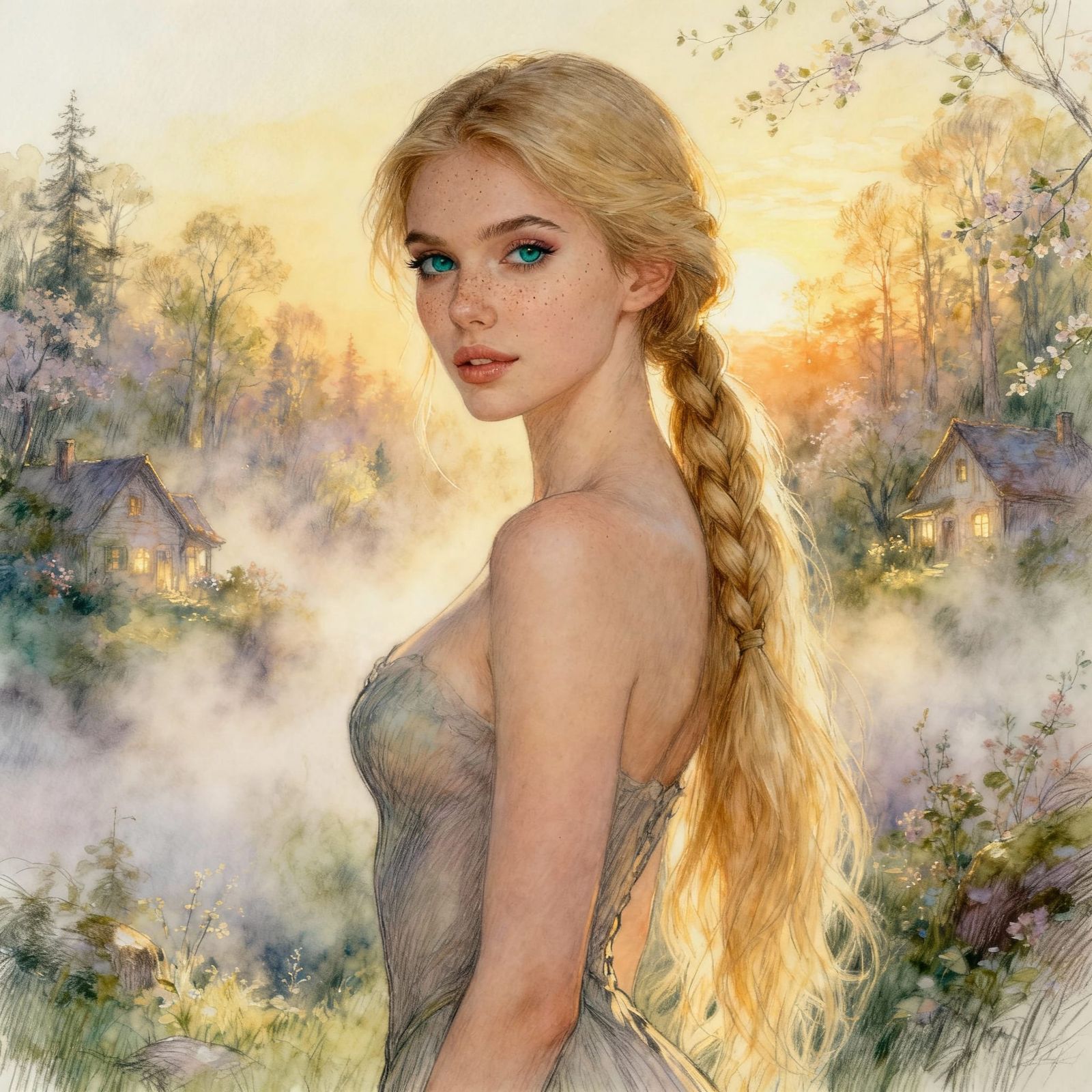 Beautiful Woman with Freckles and Blonde Ponytail Braid in S...