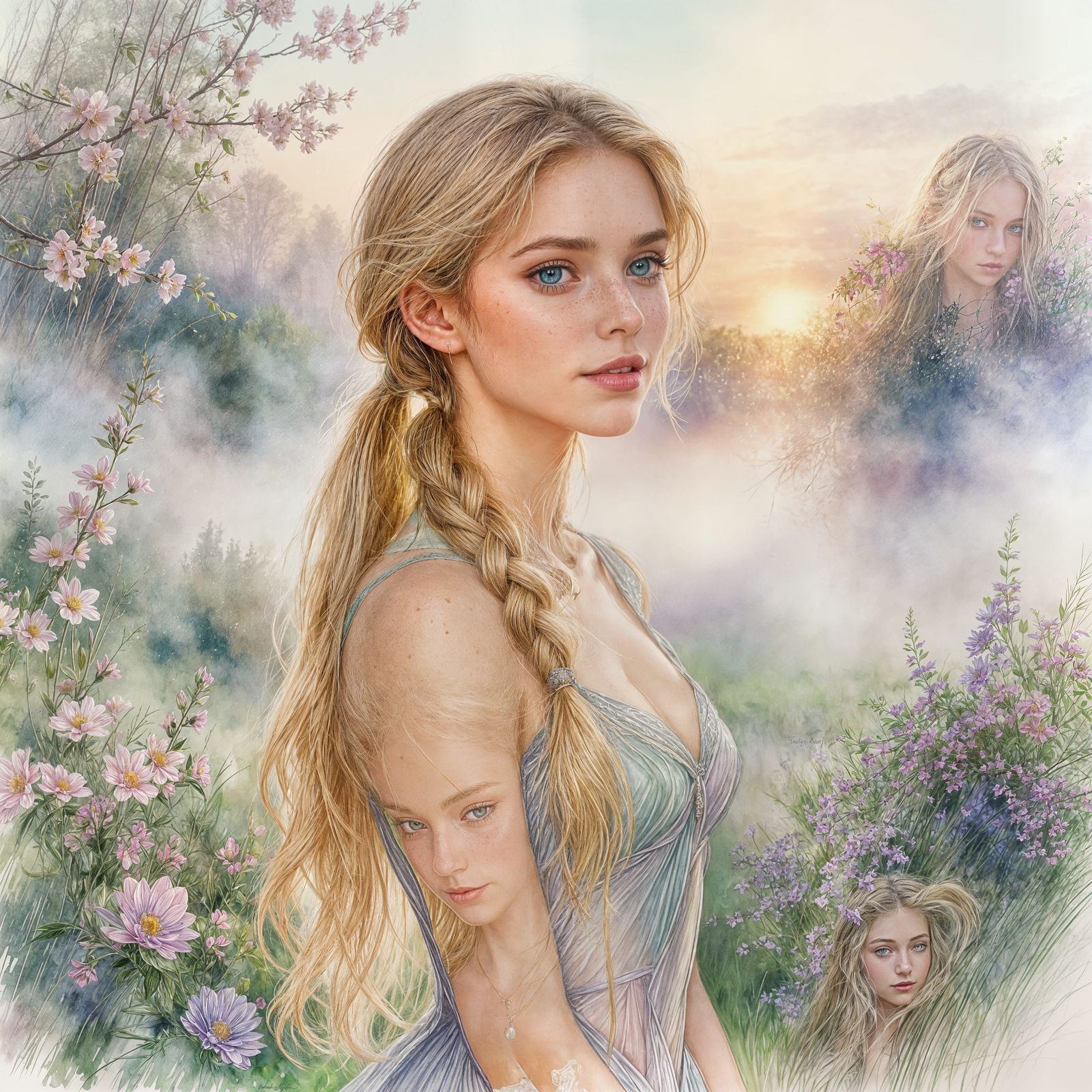 Pretty Woman with Freckles in Misty Sunrise