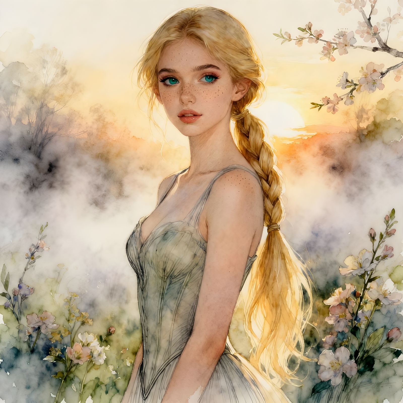 Pretty Woman with Freckles in Misty Sunrise Watercolour