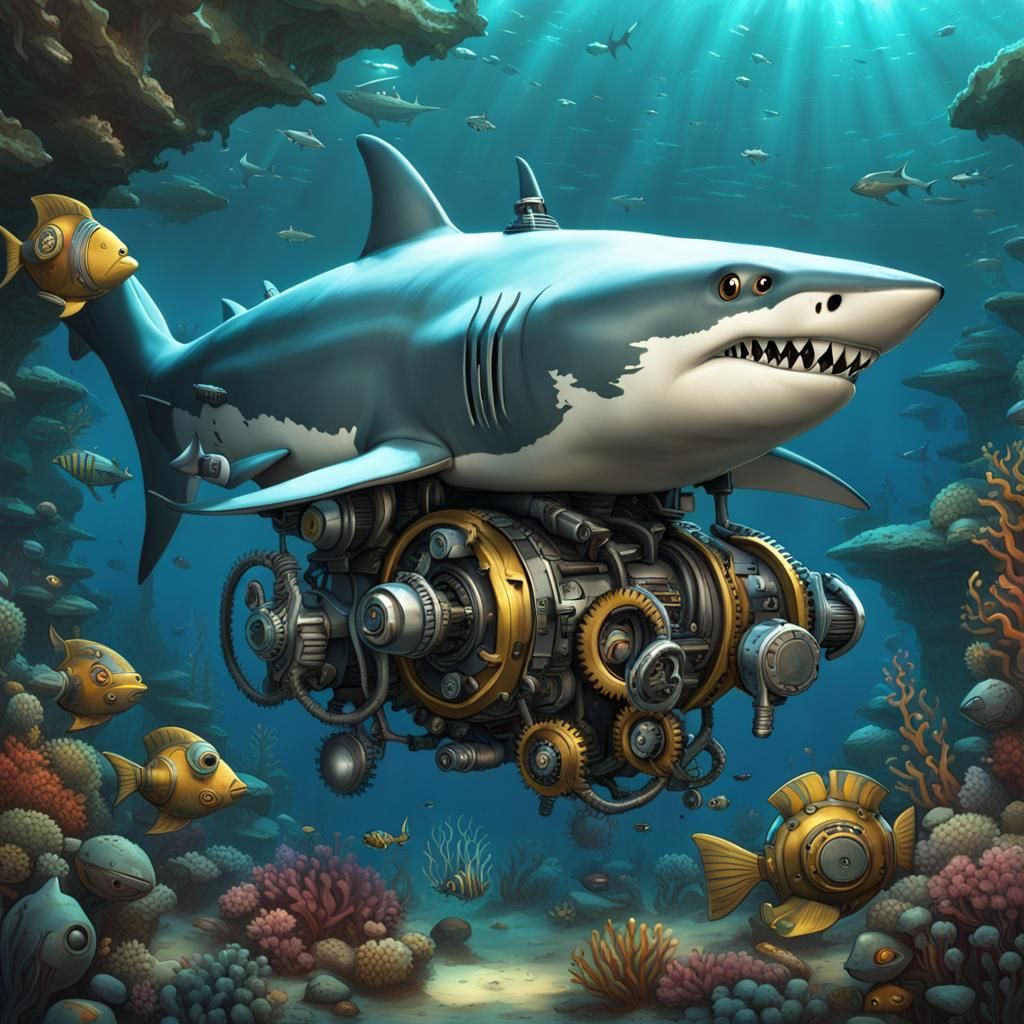 Mechanical Shark Caricature in Underwater Cove