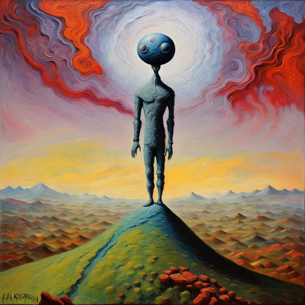 Surreal Humanoid Figure on Hill, Impasto Painting