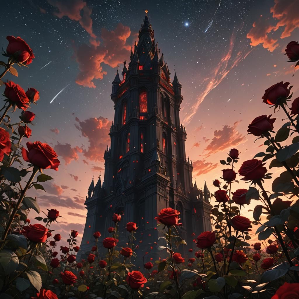 Red Roses and Obsidian Tower at Sunset