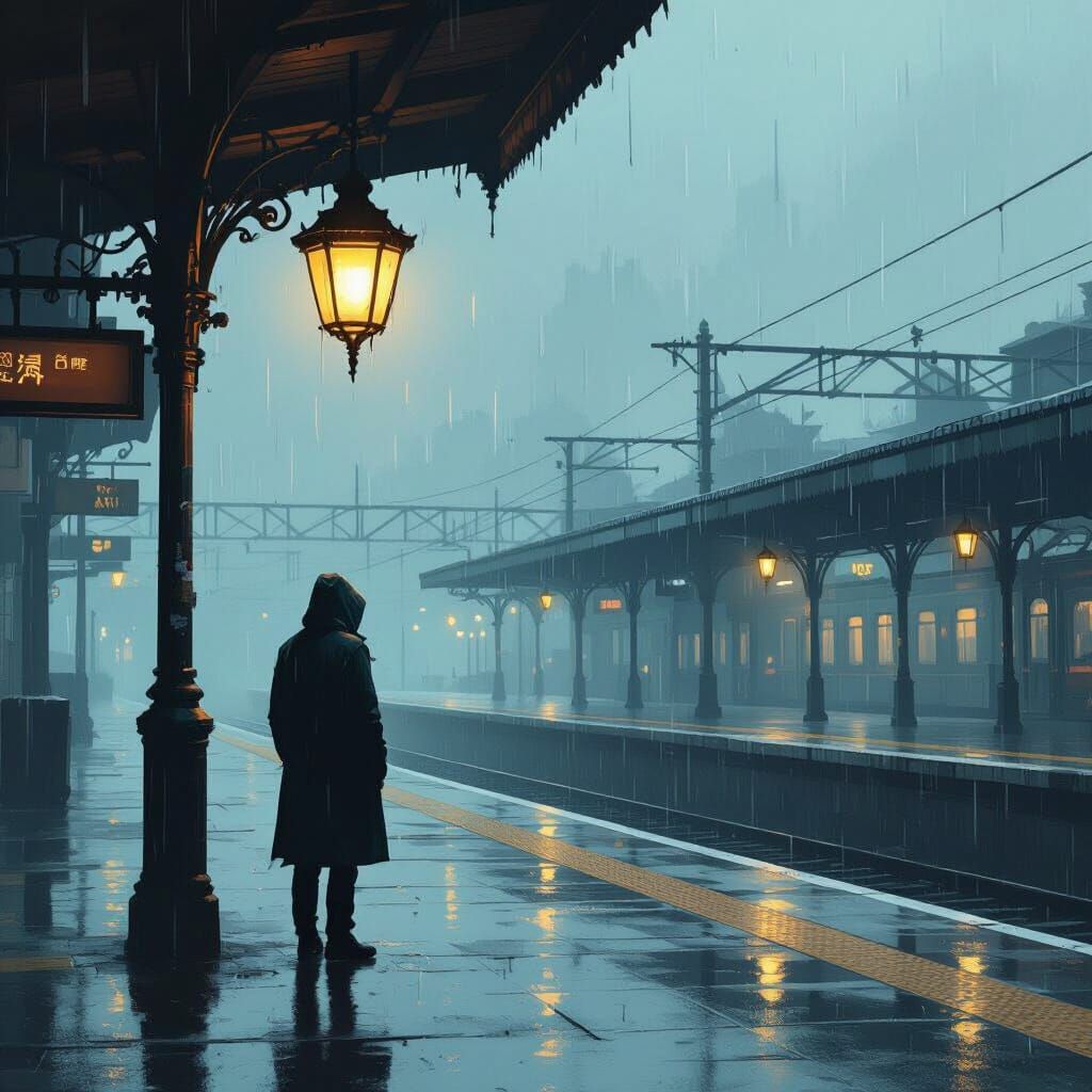 Rainy Train Station in Cyberpunk Style