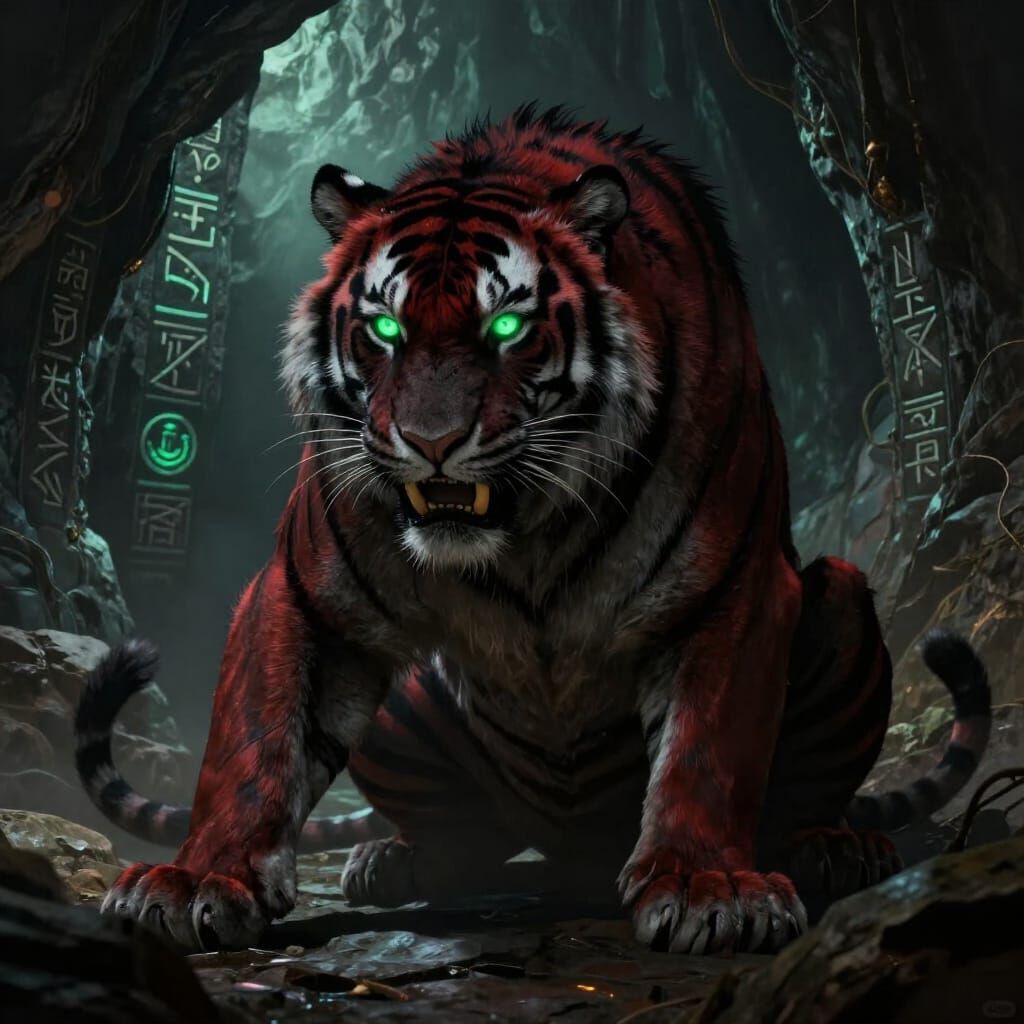 Fluffy Black Red Tiger With Cave Lion Teeth in Fantasy Art