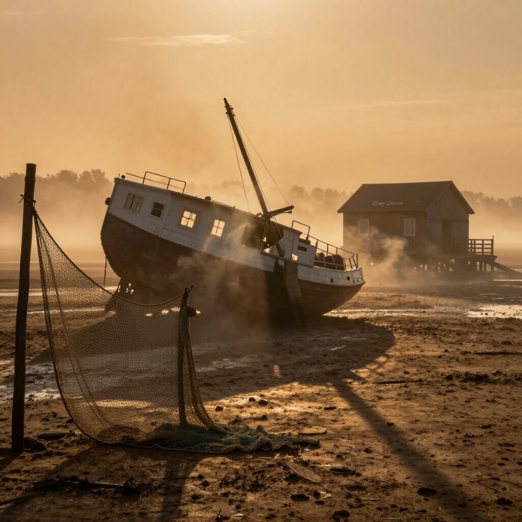 Inverted House-Ships Cast Long Shadows on Muddy Shore