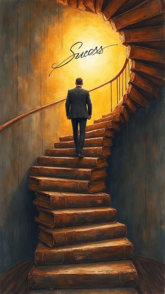 Man Ascending Book Staircase to Success