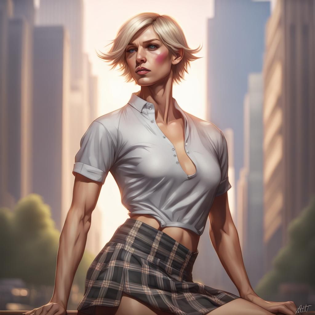 Androgynous Man in Plaid Skirt: Detailed Digital Portrait