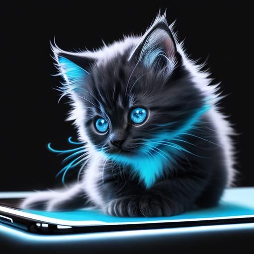 Cute Kitten Watches Smartphone in Bioluminescent Line Art