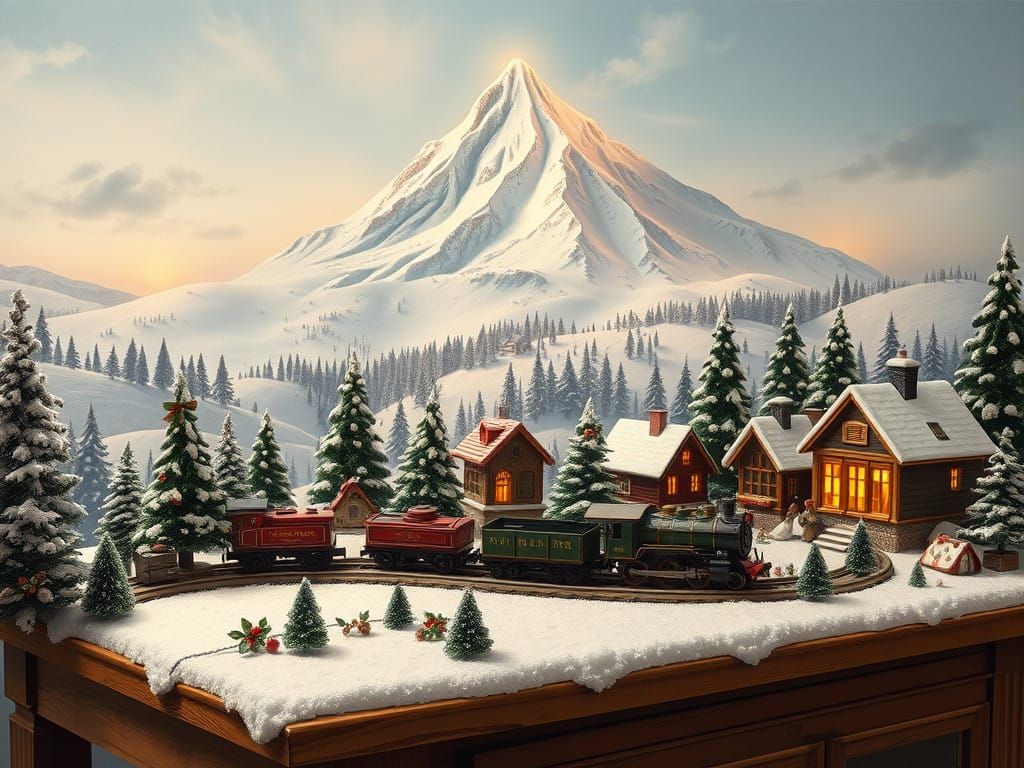 Whimsical Winter Scene with Vintage Trains and Christmas Dec...