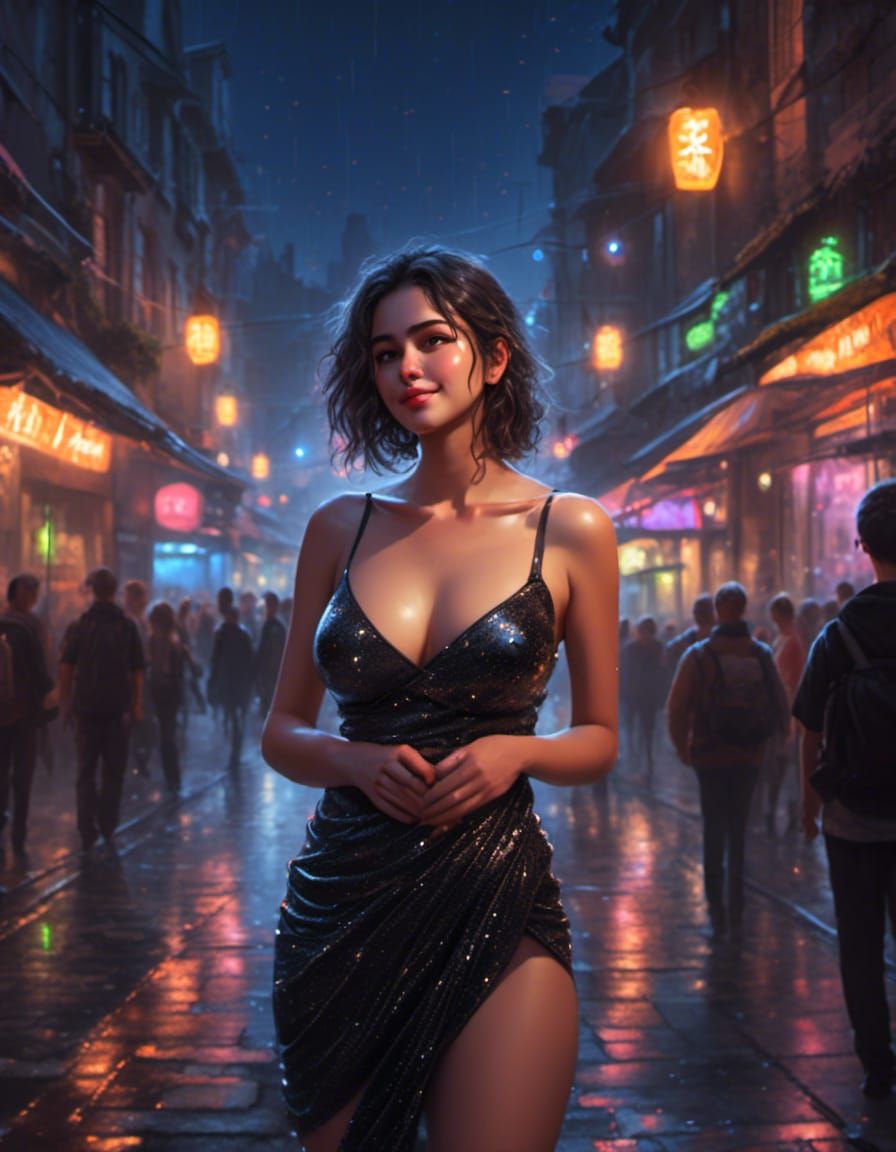 Curvy Woman in Glitter Saree, Neon City Night