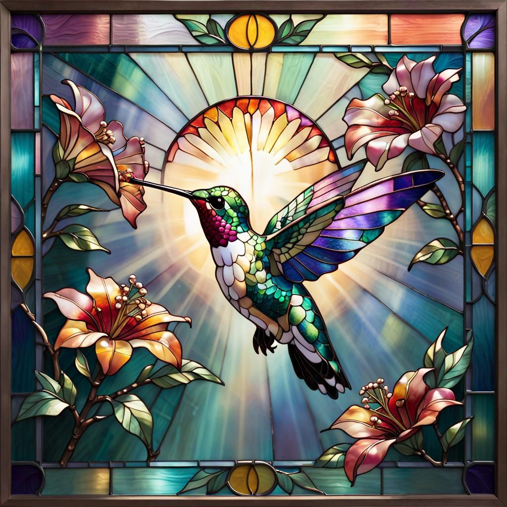 Hummingbird and Exotic Flower in Stained Glass Style