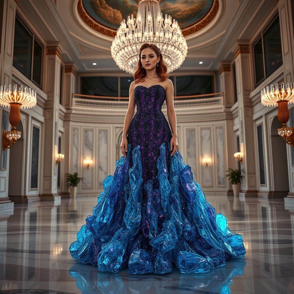 Crystalline Mermaid Gown in Opulent Ballroom, Hyperrealistic...