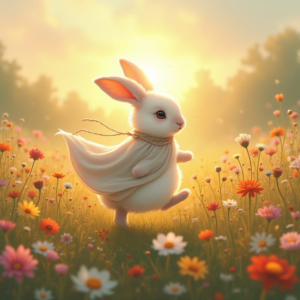Rabbit in Wildflower Field: Digital Dreamscape