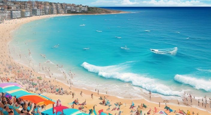 Vibrant Coastal Scene in Whimsical Line Drawing Style