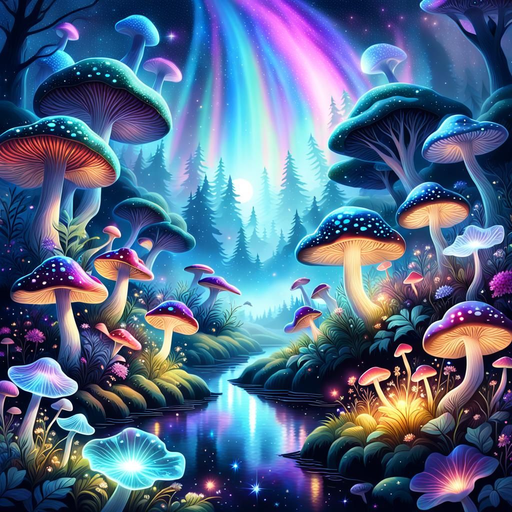 Cosmic Garden with Bioluminescent Plants in Astral Illustrat...