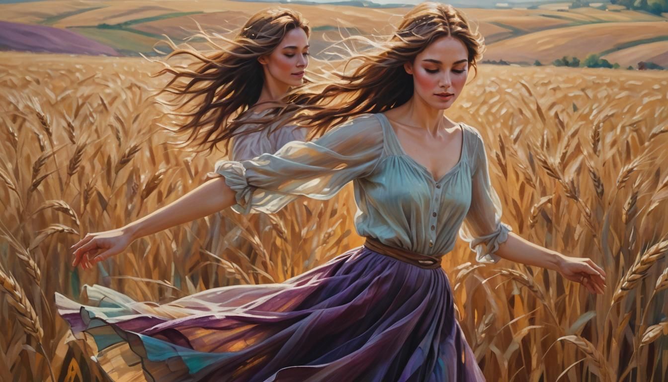 Impressionist Girl Dancing in Wheat Field at Sunset