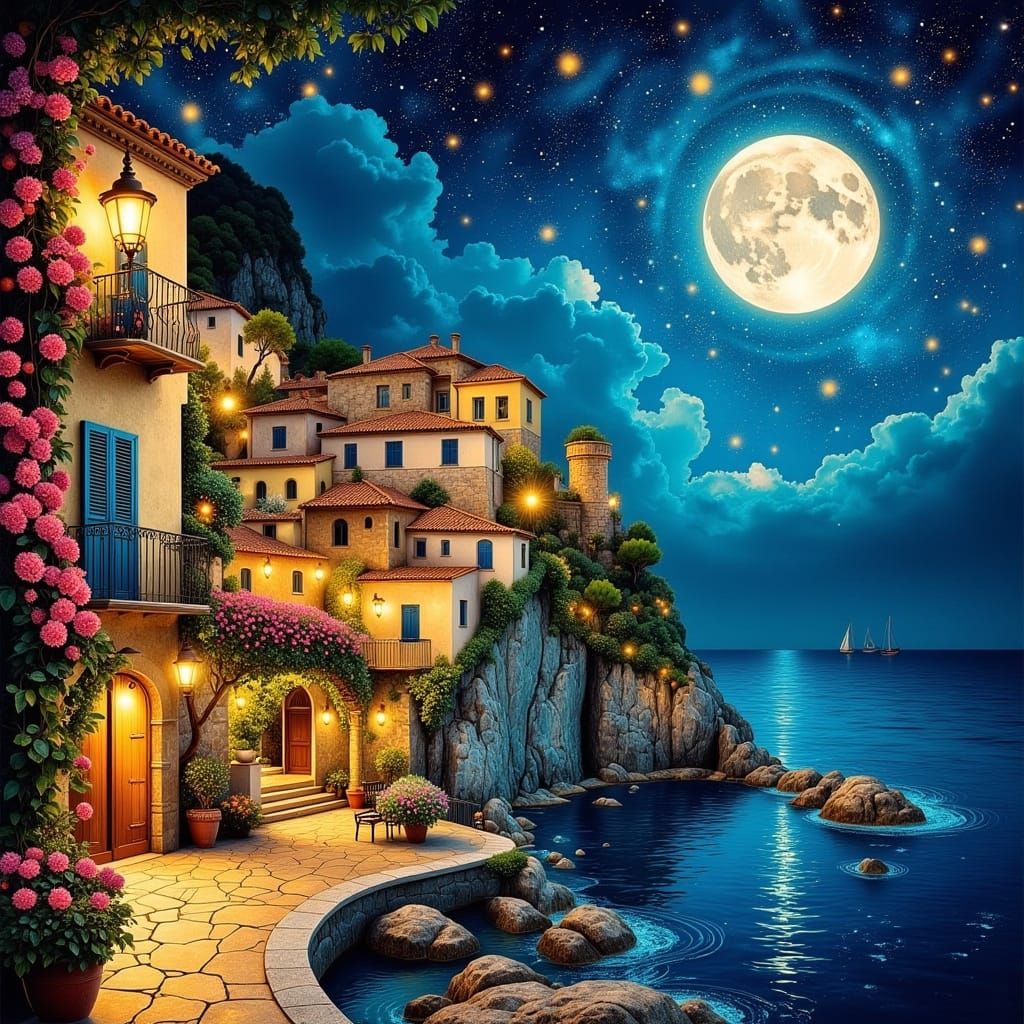 Italian Seaside Town at Night with Cosmic Sky