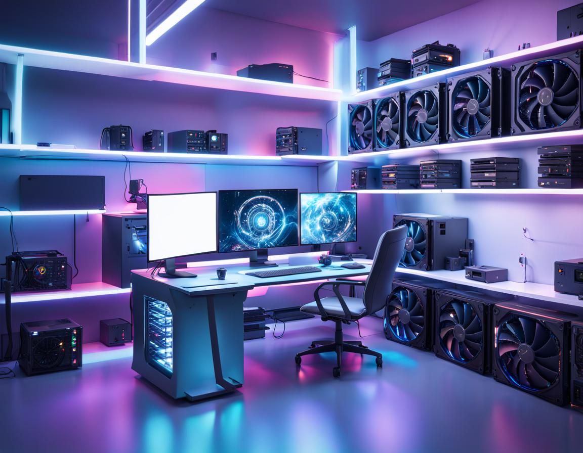 liquid cooling inside pc box focus, photography, CPU, large poster with a woman on the wall, gaming chair, hi tech, futu...