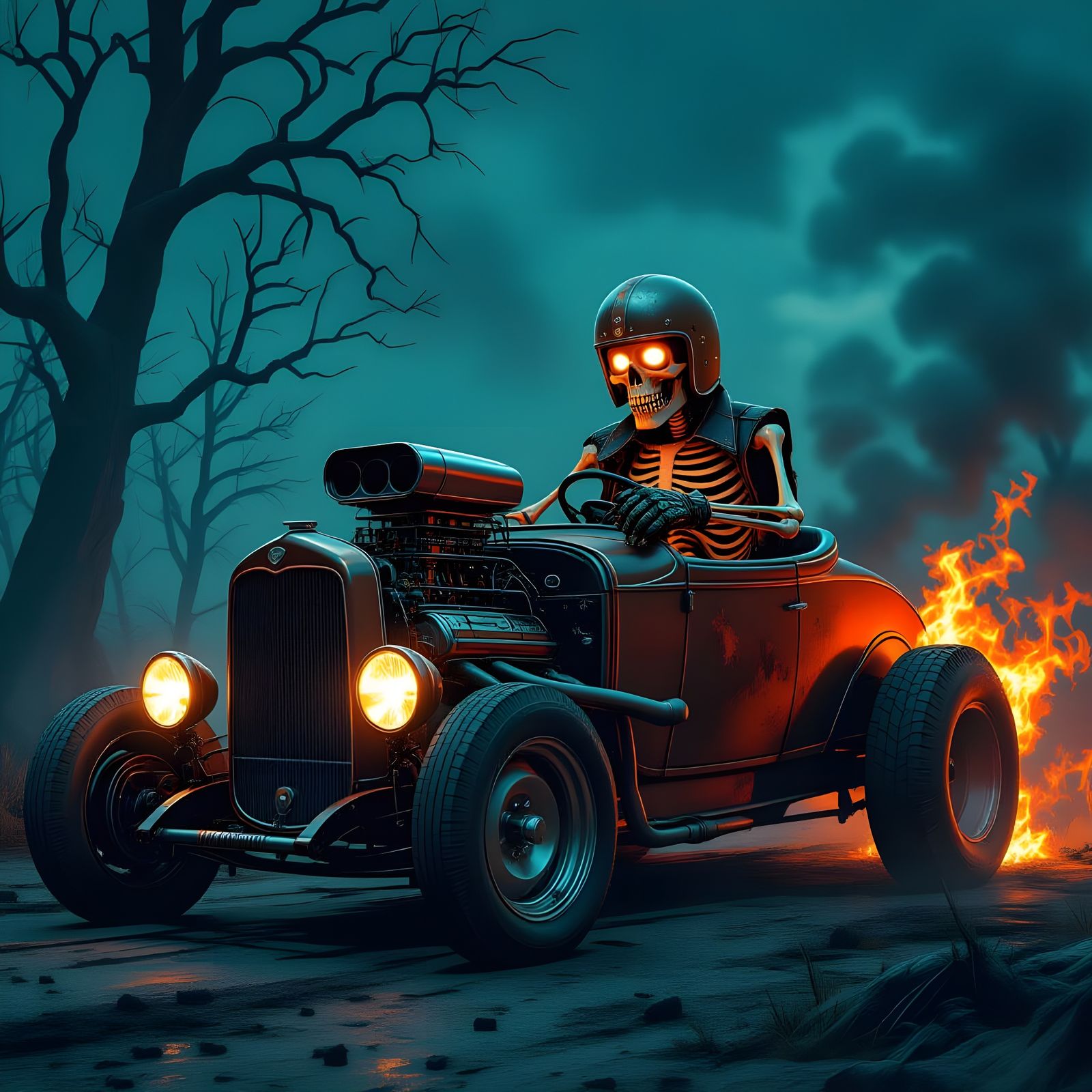 Nightmarish Rat Rod with Skeleton Driver in a Glowing Landsc...