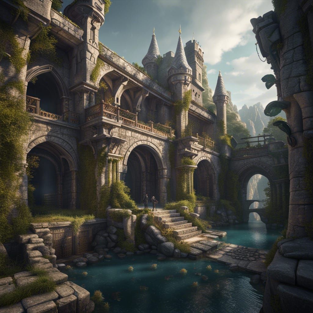 Fantasy Stone Palace with Serpent Decor in Detailed Matte Pa...