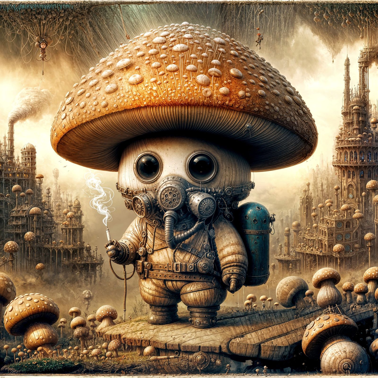 Steampunk Mushroom Character in Post-Apocalyptic World