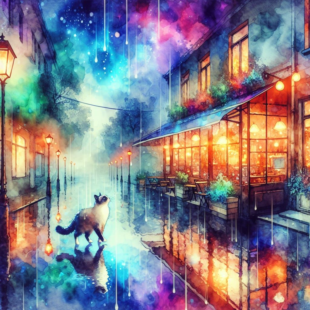 Surreal Rainy Day Watercolor Painting of a Cat
