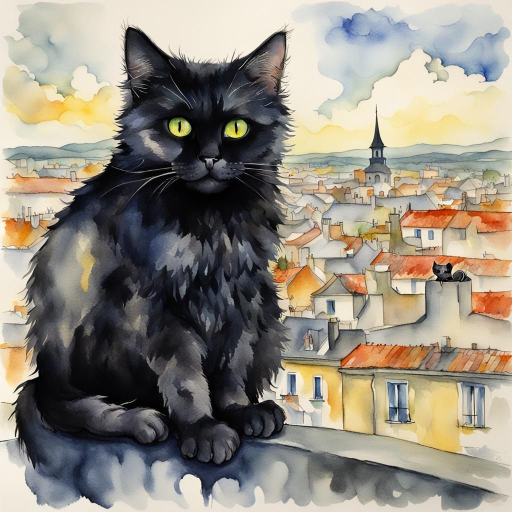 " Mignon Chat noir FLUFFY, sur un toit, fantaisiste, image détaillée, aquarelle avec contour à l'encre, post-impressionn...