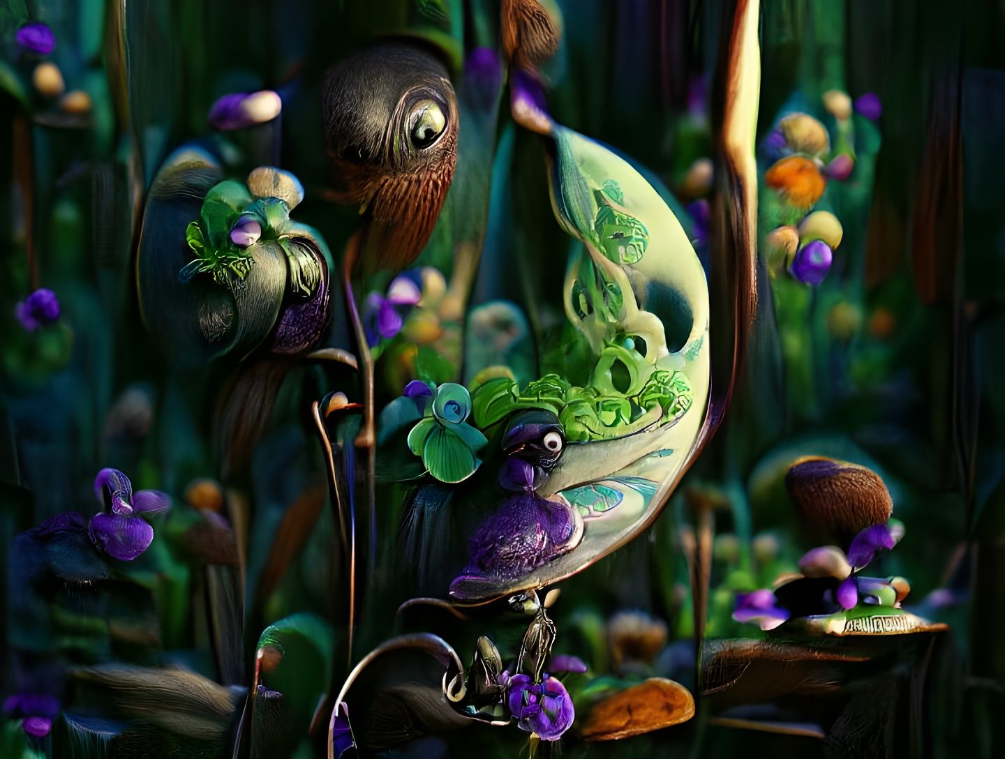 Whimsical Bioluminescent Naturescape in Eldritch Art Nouveau