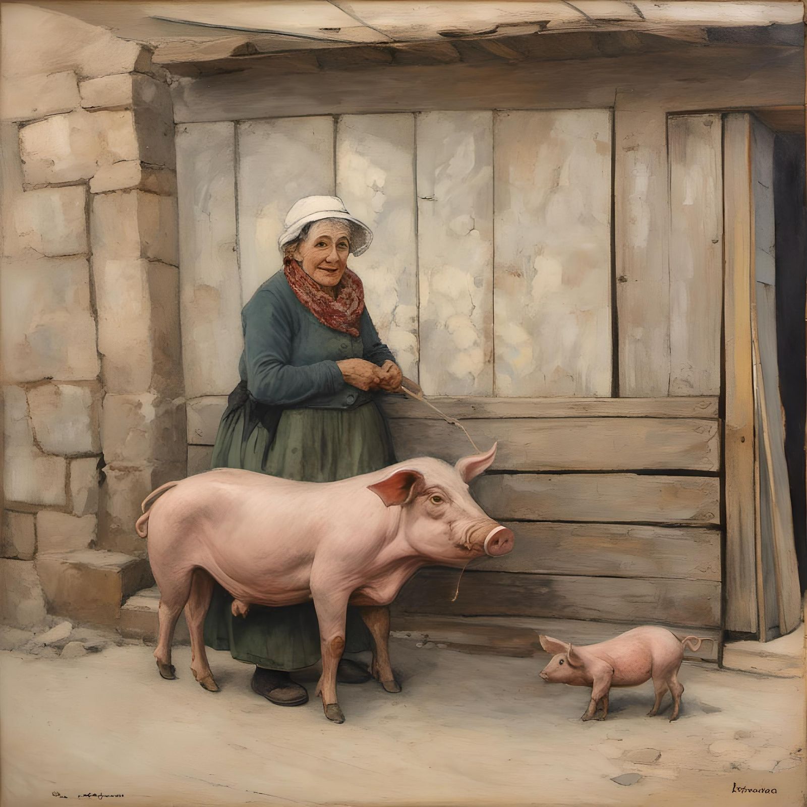 Older Woman and Pig in Antique Map Style