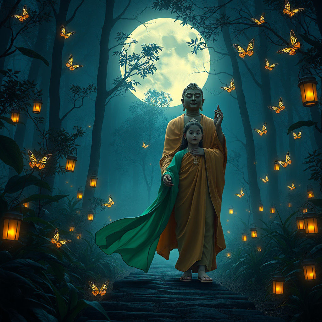 Mystical Forest Journey: Girl and Buddha in Moonlight