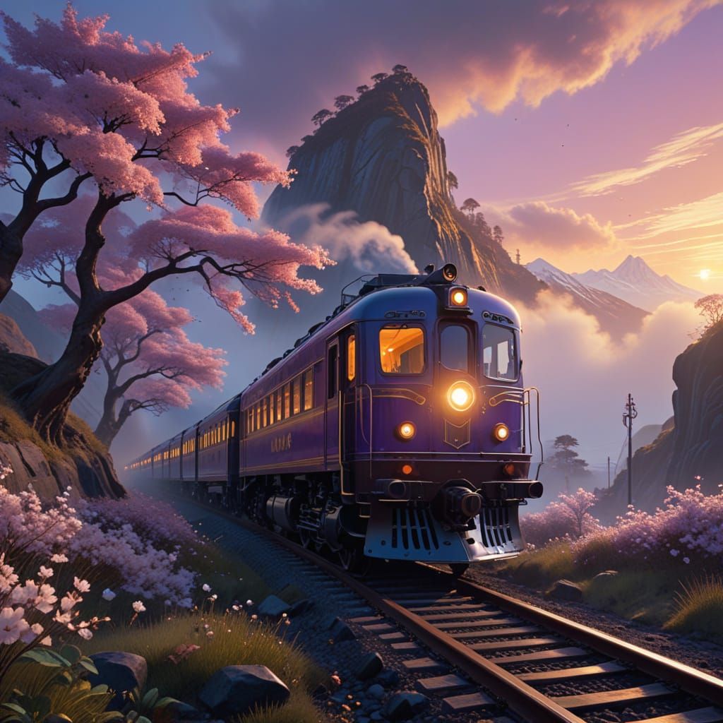 Cinematic Whimsy: Train Meets Twilight Mountains