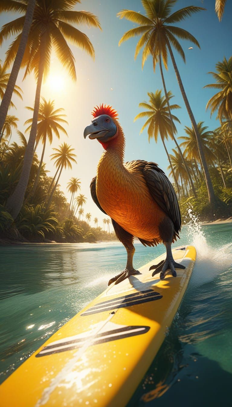 Dodo Surfing Near Palm Trees in Oil Painting Style