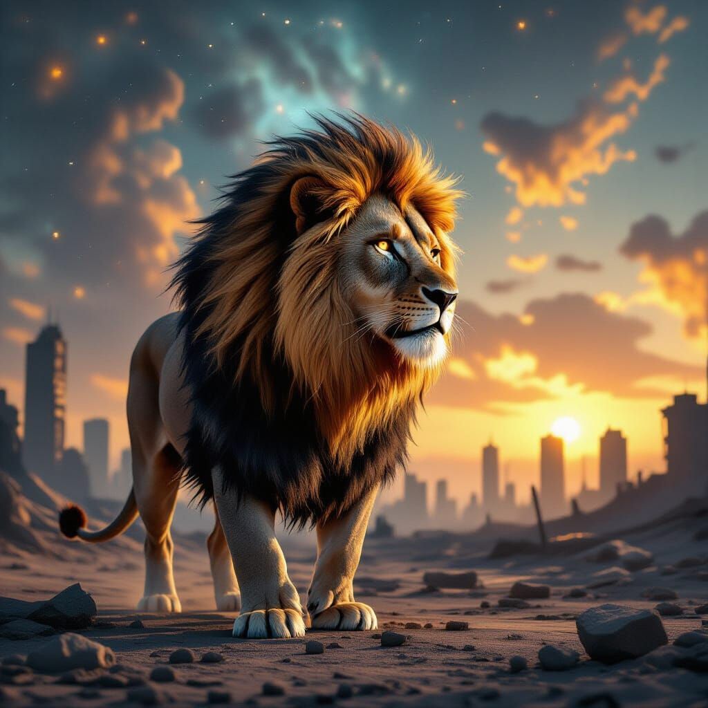 Nebula-Maned Lion in Post-Apocalyptic Cityscape