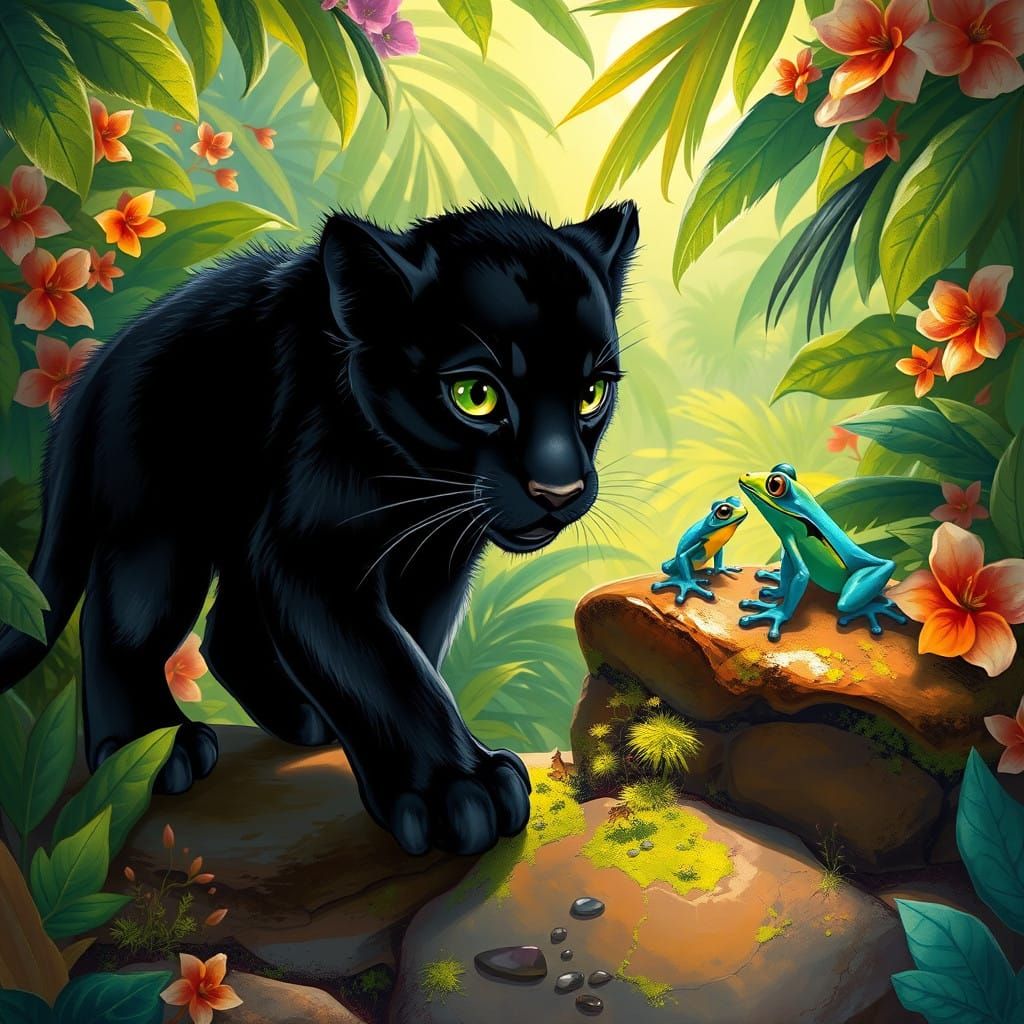 Stunning Black Panther Cub Enters a Lush Jungle Clearing