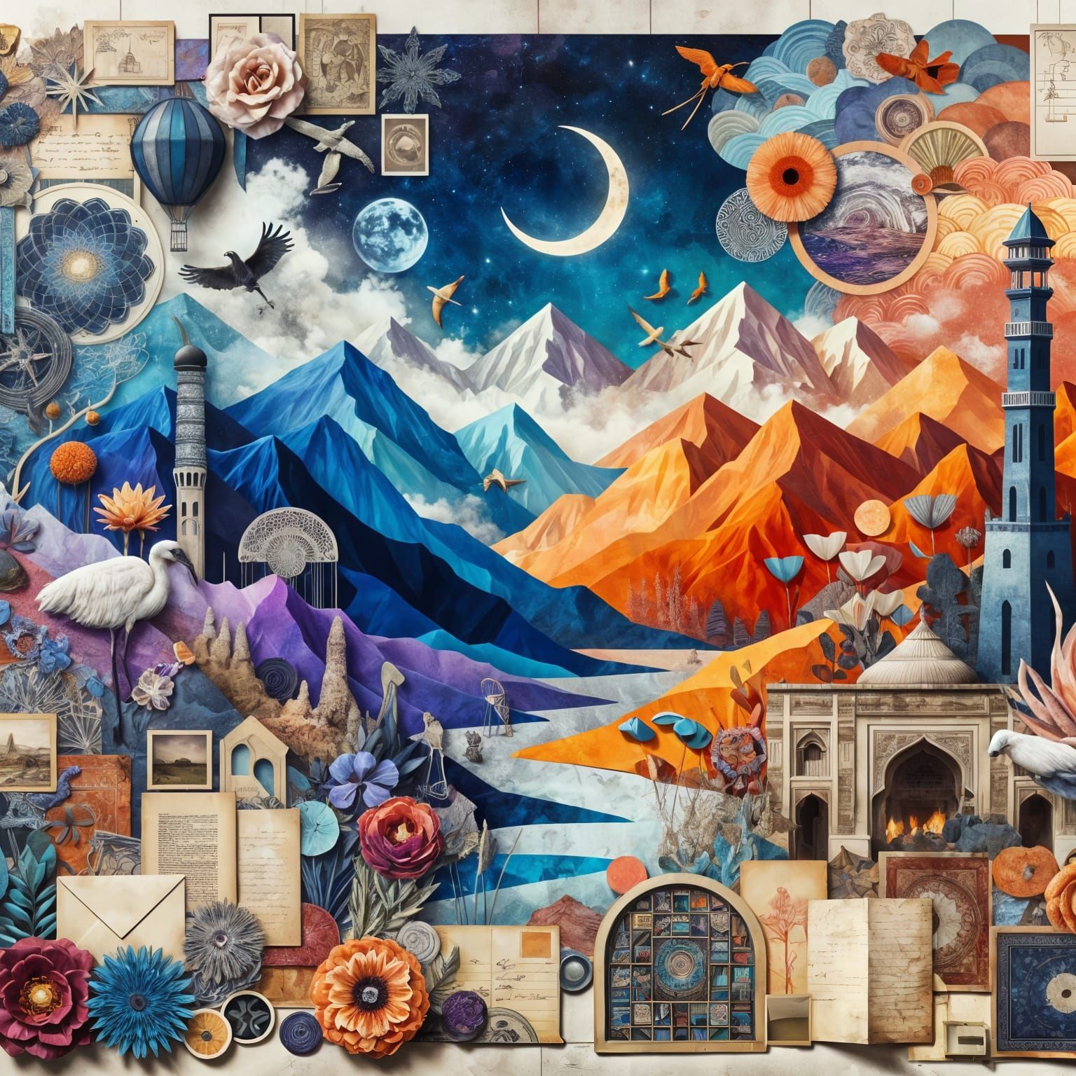 Dreamlike Collage of Fantasy Mountains and Nostalgic Element...