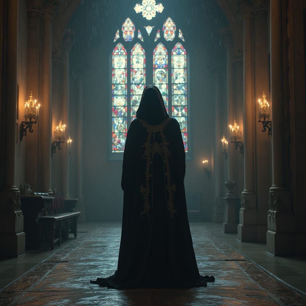 Saint Death in Gothic Cathedral at Night